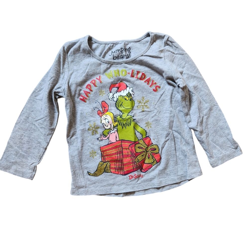 Jumping Beans Girls Grinch "Happy Who-lidays" Long Sleeve Shirt Size 2T Gray